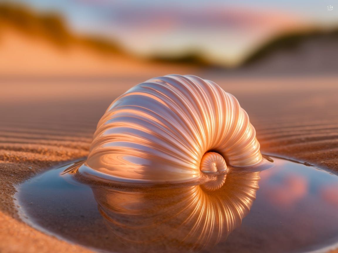 Iridescent Seashell in Golden Light: Impressionistic Beach P...