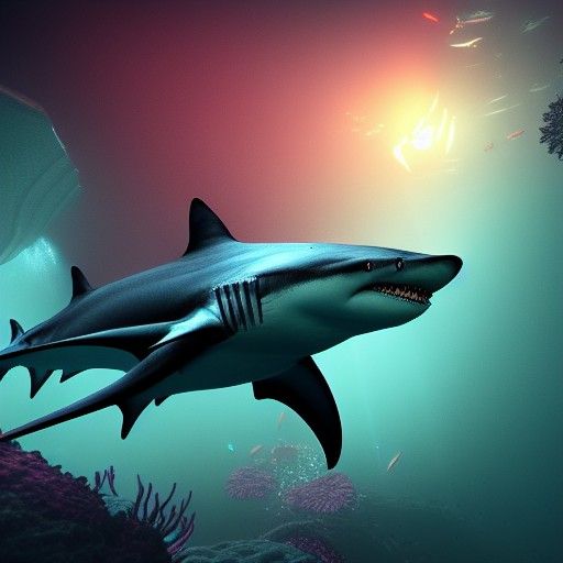 Meca-Shark in the Deep Sea: Detailed Matte Painting