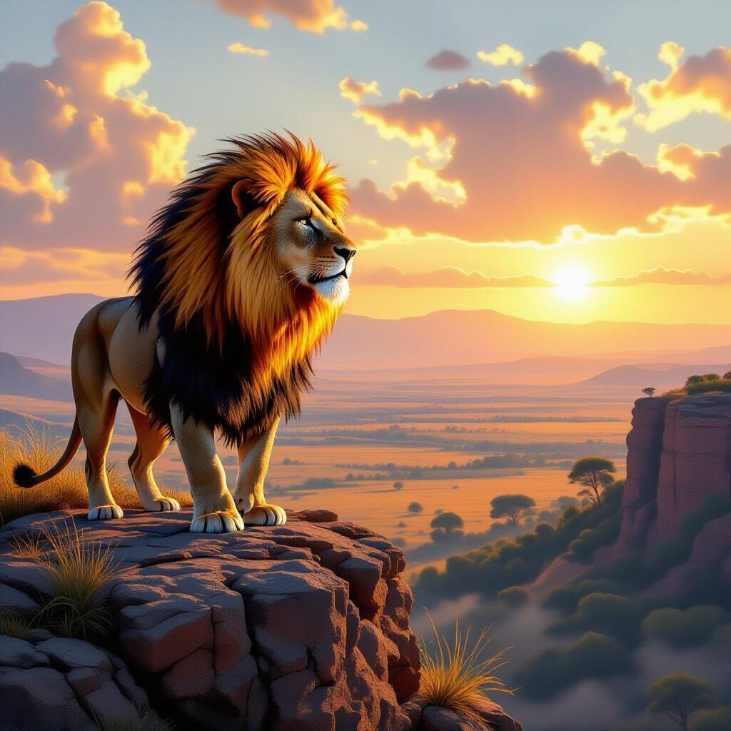 Majestic Lion with Flaming Mane Overlooking Savanna