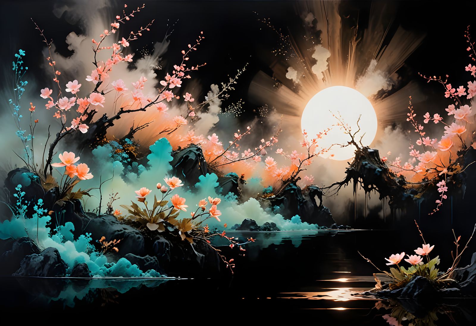 Bioluminescent Ikebana in Sumi-e Style with Neon Glow