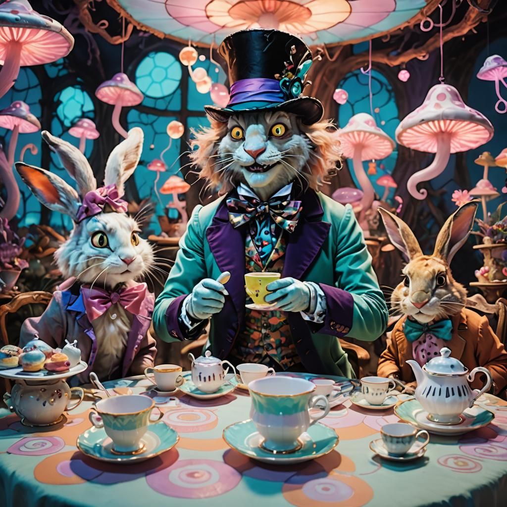 Wonderland Tea Party in Cyberpunk Surrealism