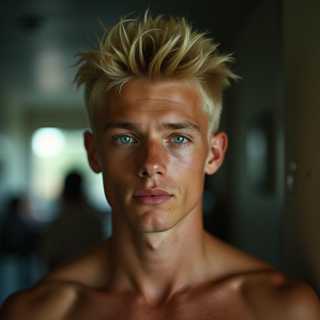 Athletic Young Man with Blonde Perm in Film Still