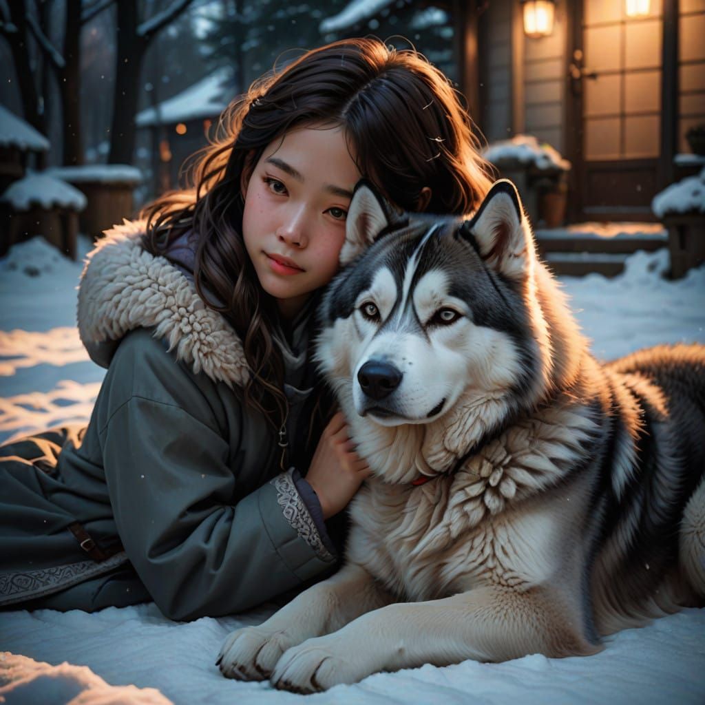 Little Girl and Husky in Cozy Slumber