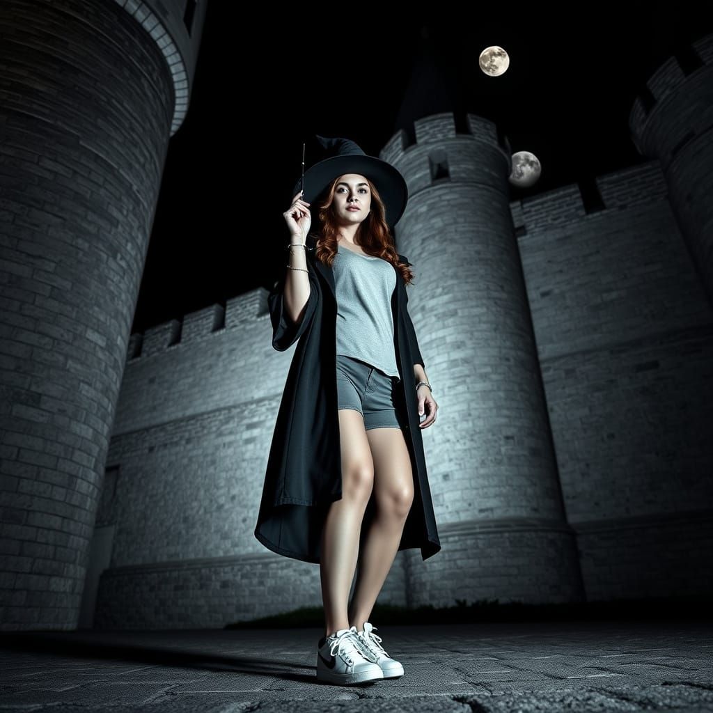 Surreal Portrait of a Hogwarts Witch in Dark Castle Atrium