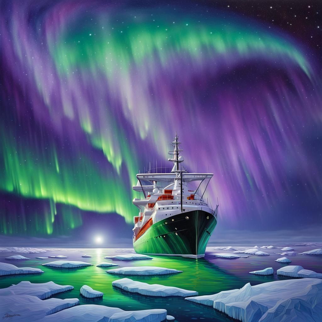 Aurora Borealis Over Icy Sea at Night