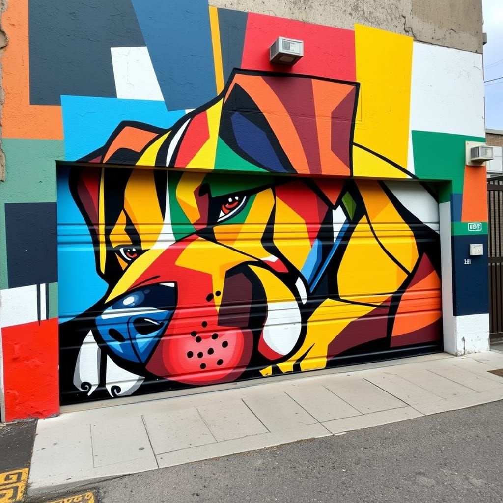Abstract Cubist Mural of Serene Dog on Garage Door