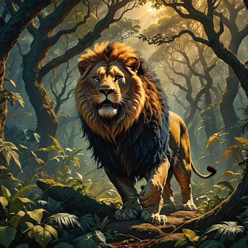 Menacing Lion Chase in Mystical Jungle, Matte Painting