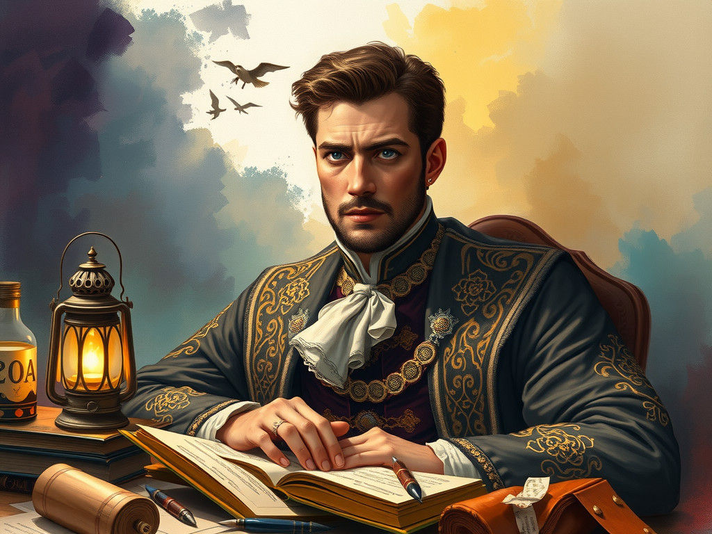 Contemplative Writer Surrounded by Worlds, Hyperrealistic St...