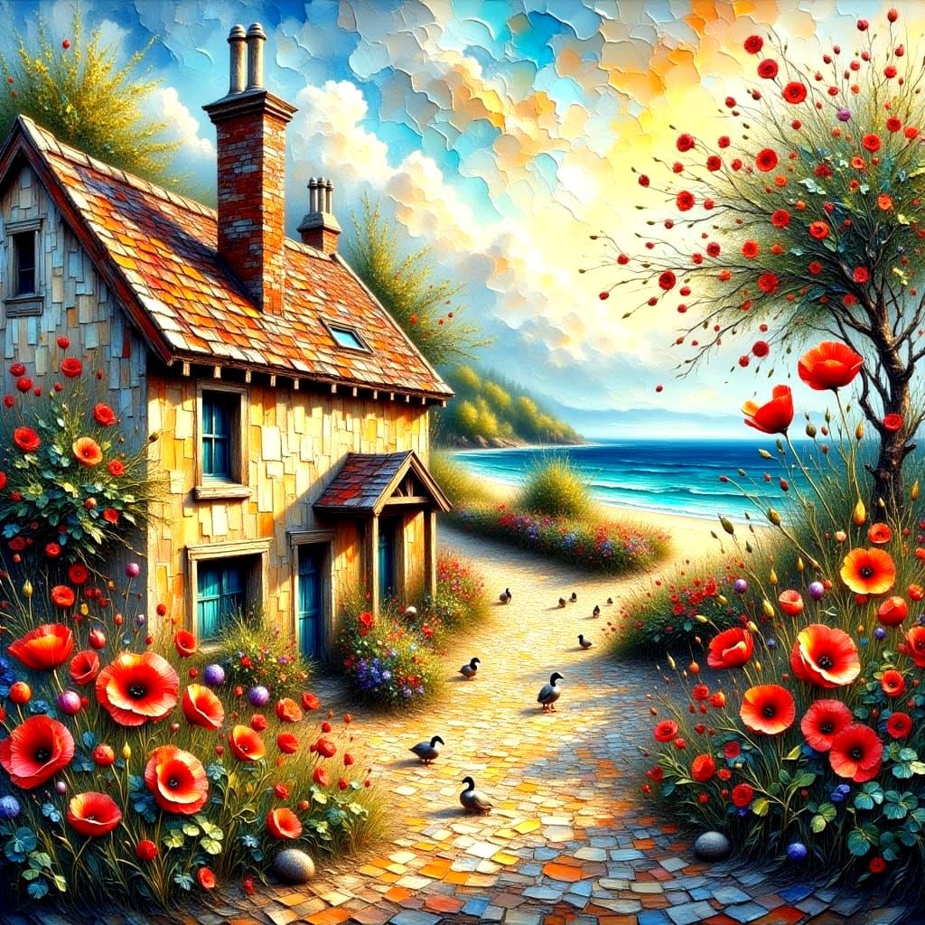 Quaint Coastal Villages Under Red Poppies in Breezy Daylight