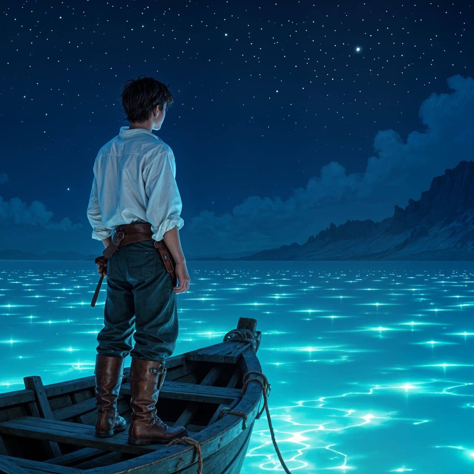 Sailor Gazing at Bioluminescent Water in Fantasy Setting