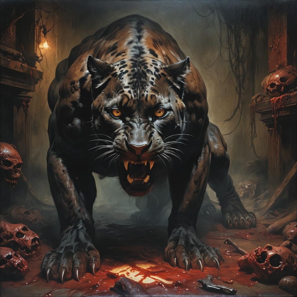 Panther Feasting on Human Remains in Dark Horror Scene