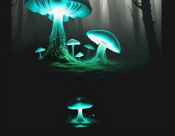 Glowing Jellyfish and Toadstools in Mystical Forest