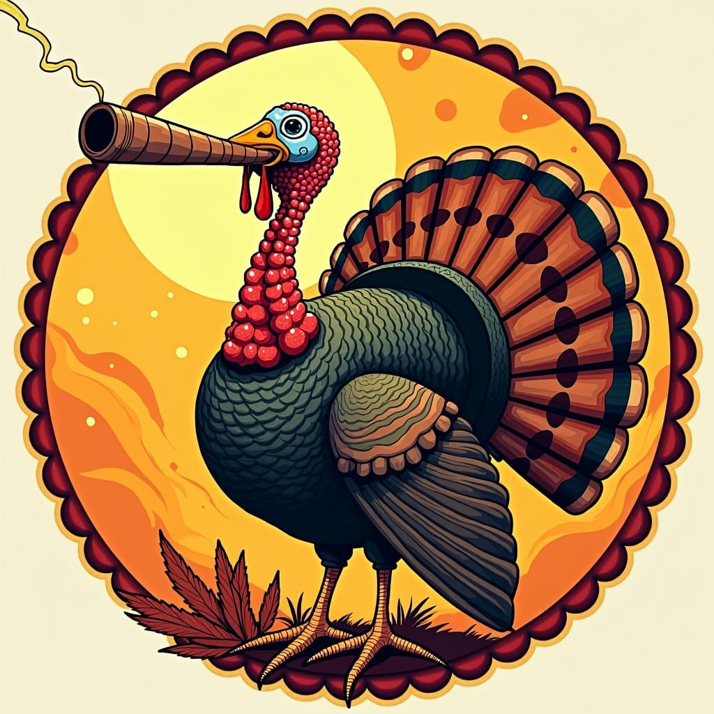 Psychedelic Thanksgiving Turkey with Blunt, Retro Illustrati...