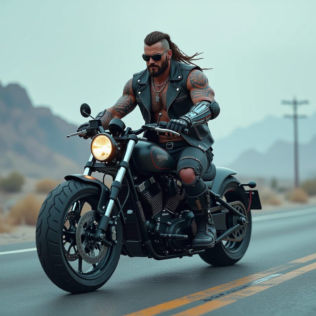 Falcon Biker Rides Chopper in Gritty Cyberpunk Style