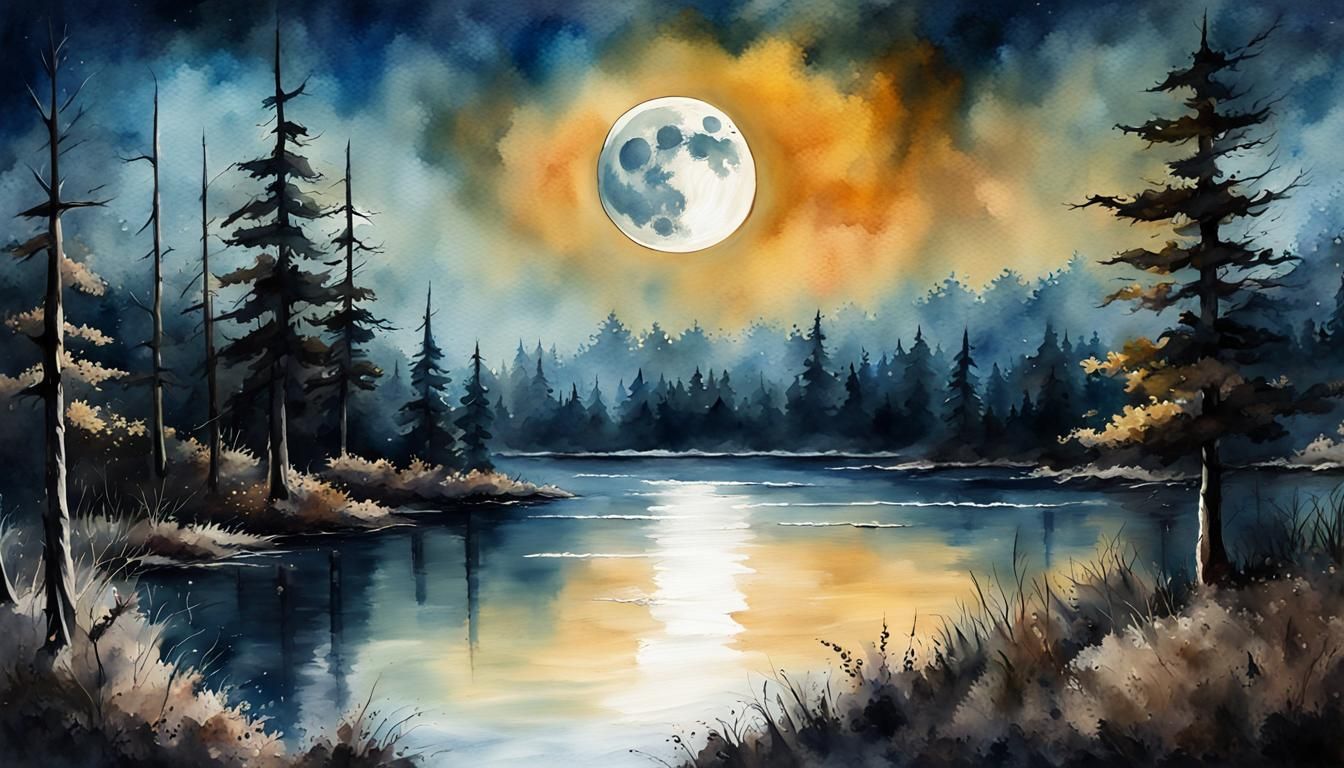 Moonlit Lake Watercolor Painting in Fantasy Art Style