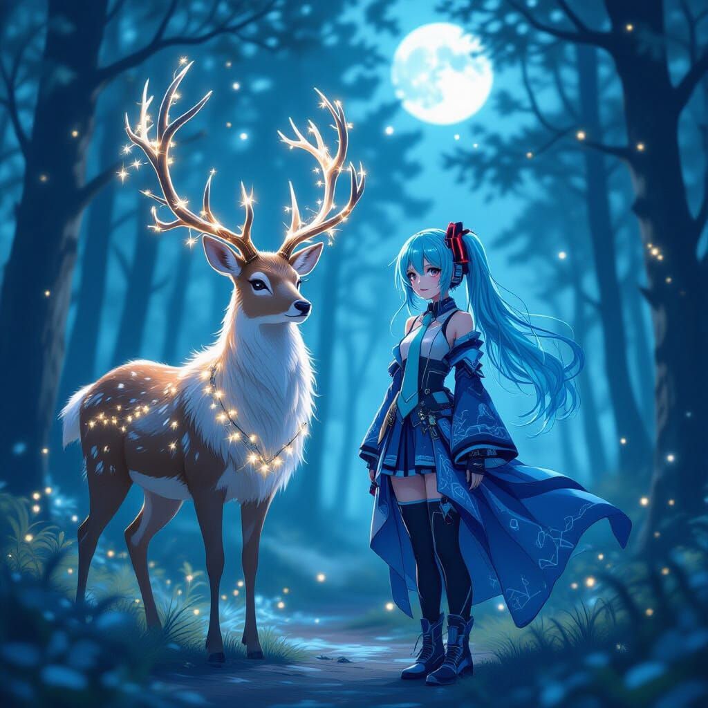 Cyberpunk Deer and Figure in Magical Forest