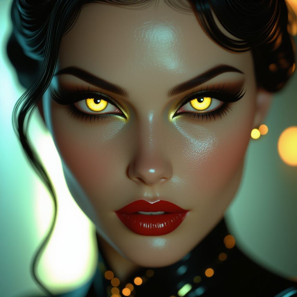 Mysterious Femme Fatale with Glowing Eyes, Cyberpunk Noir St...