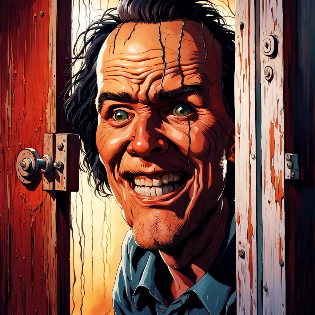 jack nickelson smiling scary face looking trough a cracked door like in the movie shinning, Hyperrealistic, splash art, ...