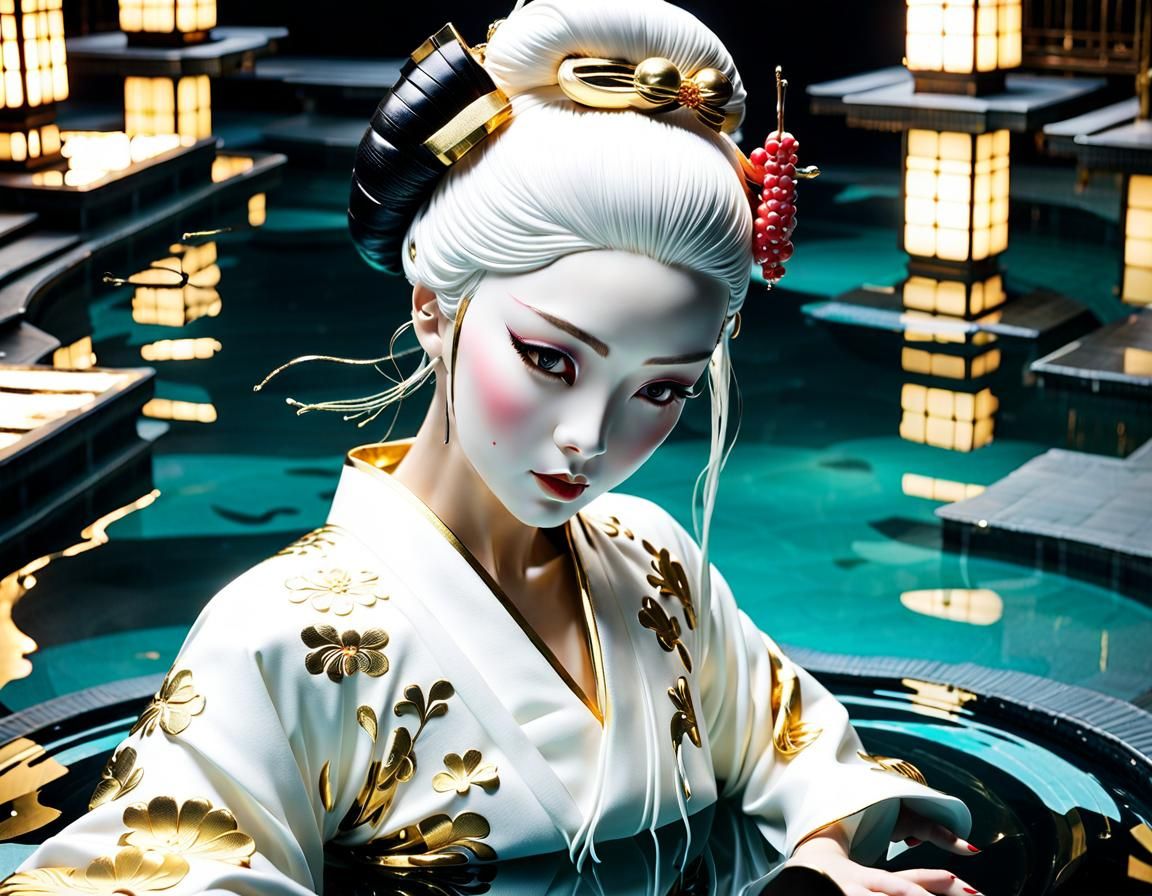 White Glass Geisha Android in a Liuqiud Pool