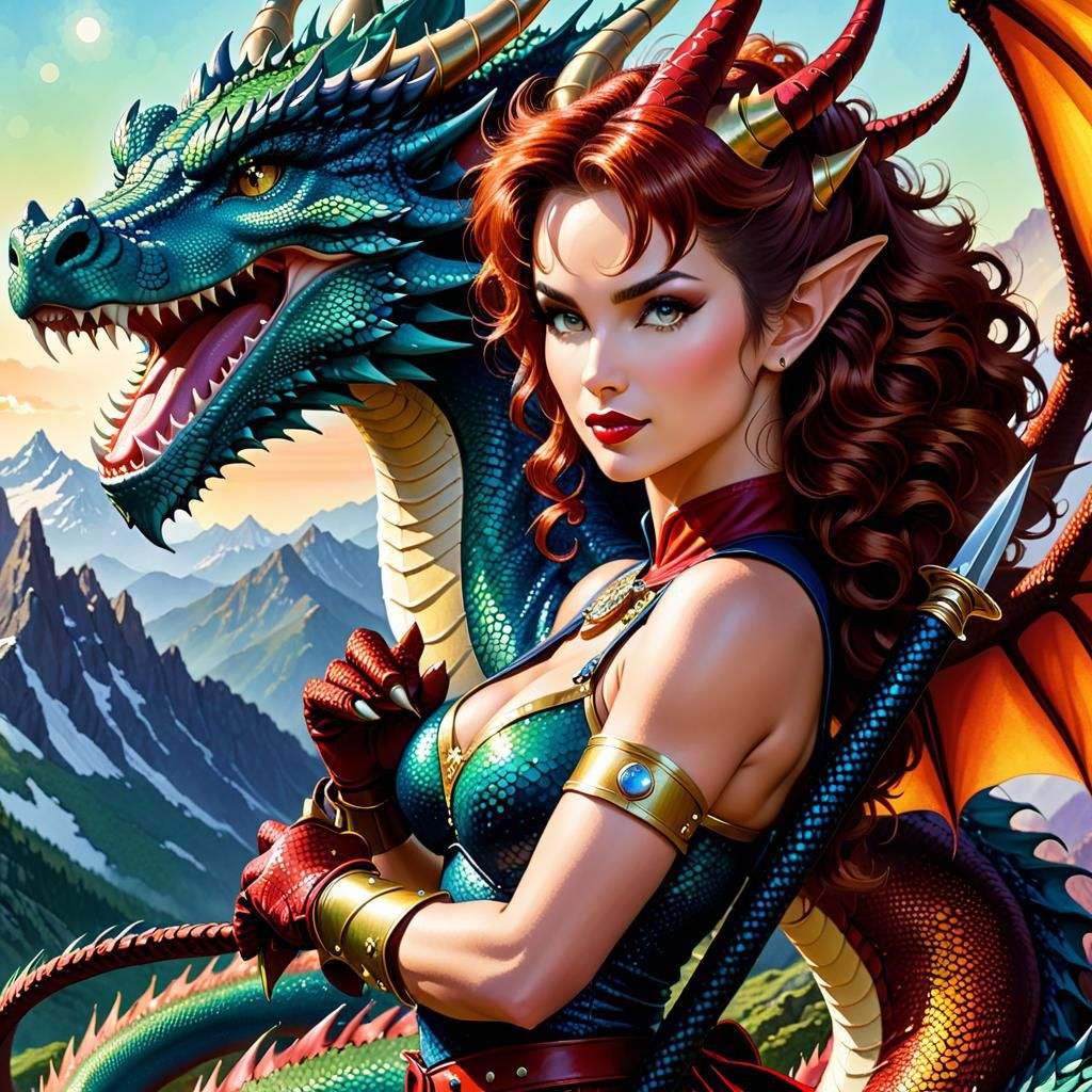 Dragon Tamer on Mountaintop in Pointillism Style