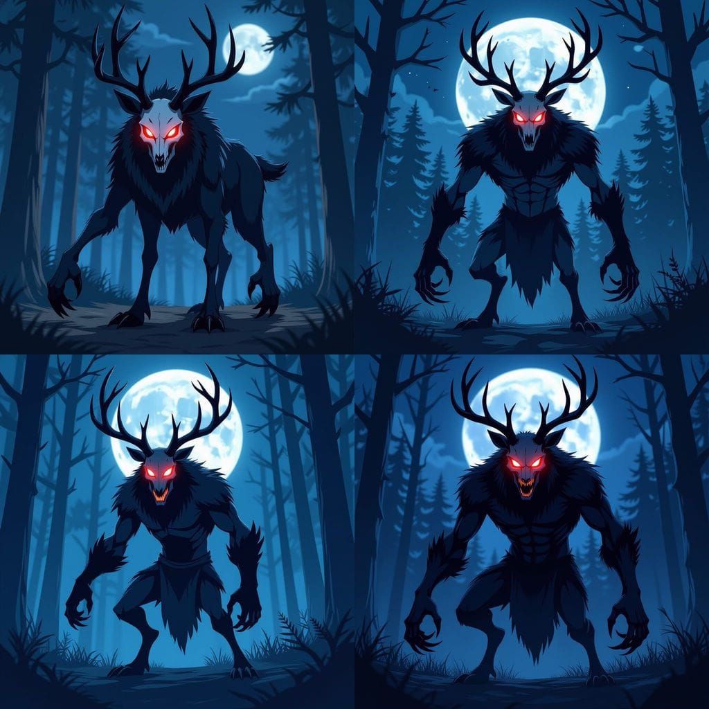 Black Wendigo With Deer Skull Head and Red Eyes