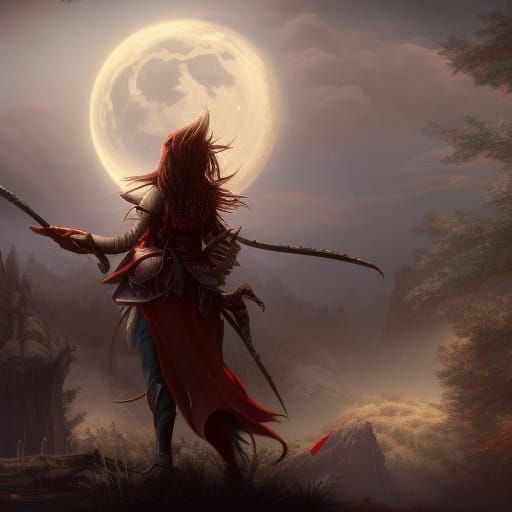 Werewolf Girl with Red Eyes Under Moon