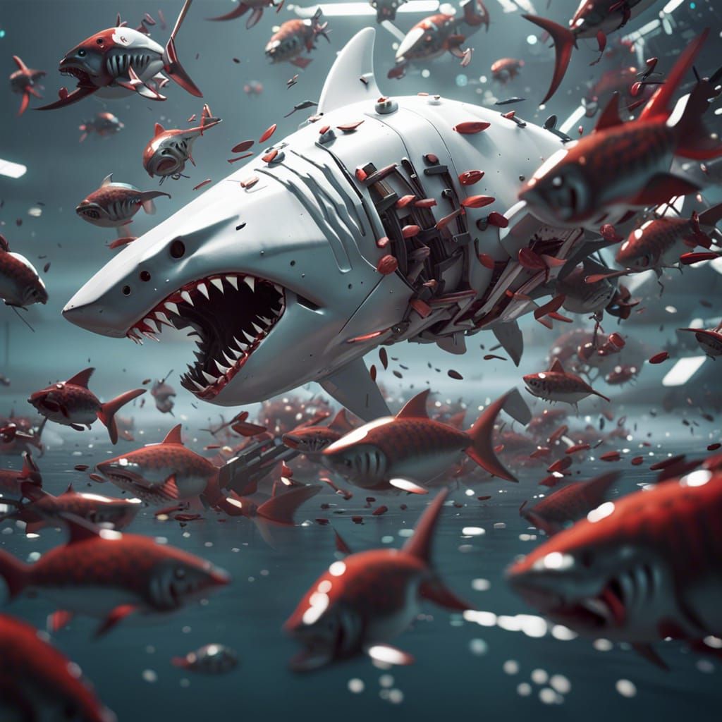 White Robotic Shark versus a Swarm of bloodthirsty piranhas