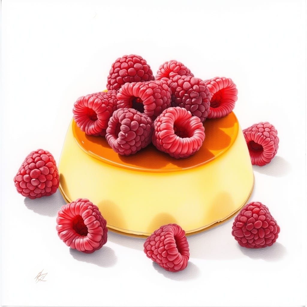 Raspberry Flan in Colored Pencil Drawing