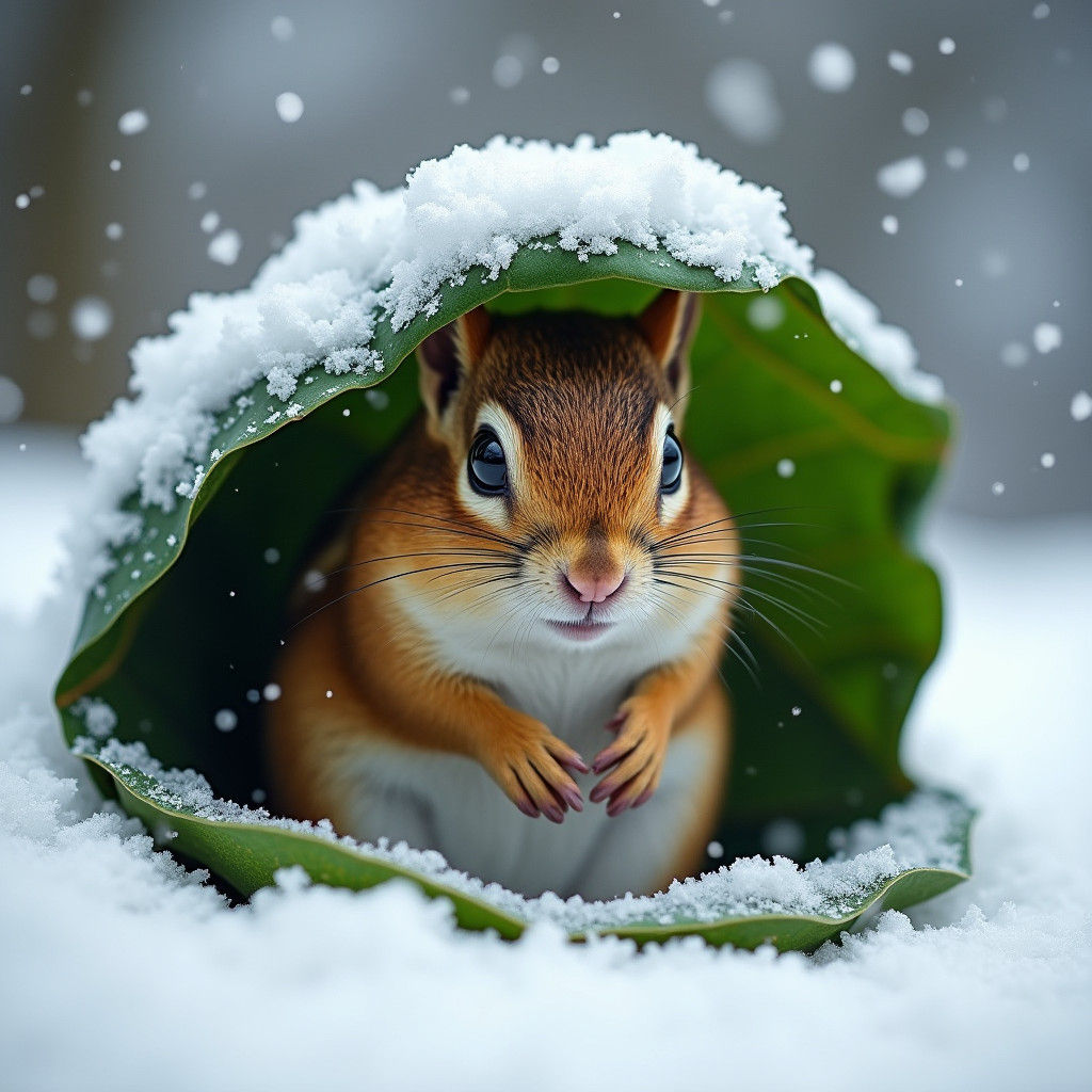 Chipmunk in Winter Wonderland Snowstorm Shelter