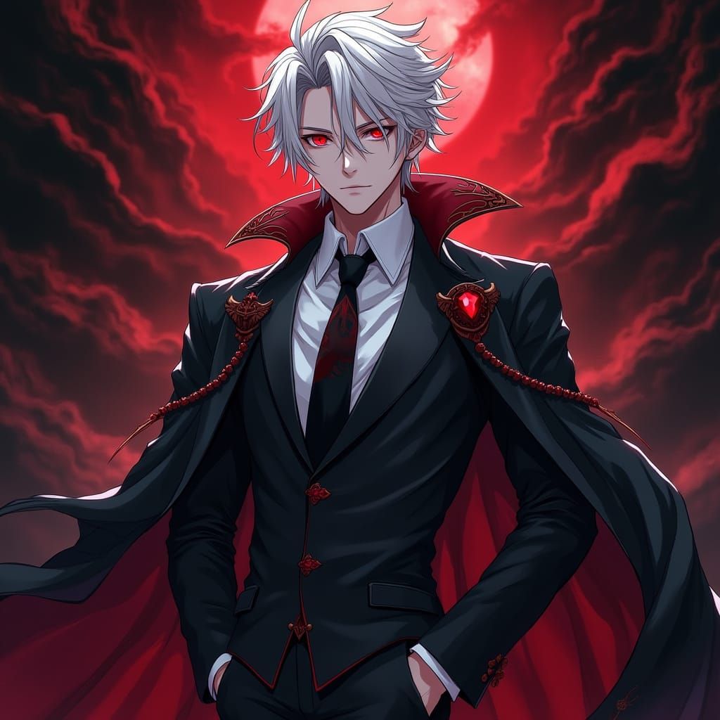 Anime Style Vampire with Red Eyes and White Hair