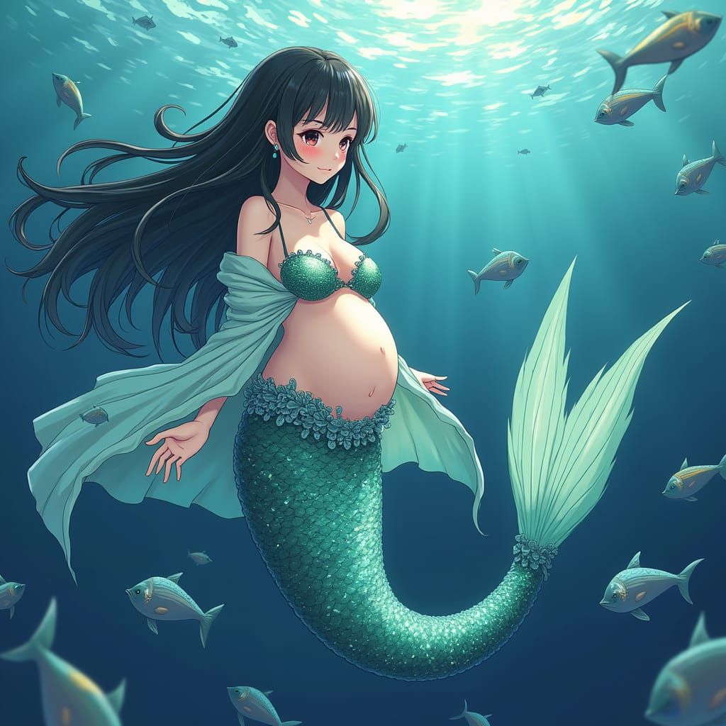 Pregnant Anime Mermaid in Underwater Fantasy Scene