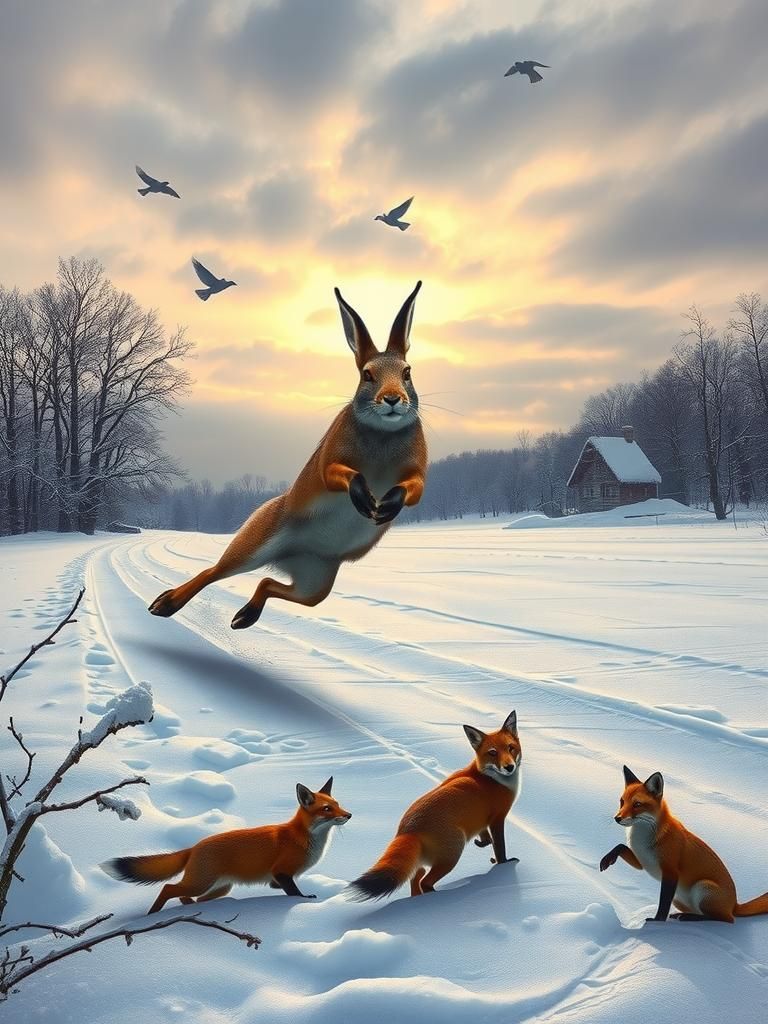 Hare's Dramatic Leap in Polish Winter Landscape