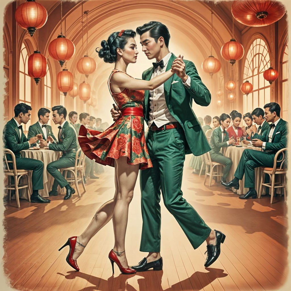 Asian Couple in Vintage Ballroom Dance
