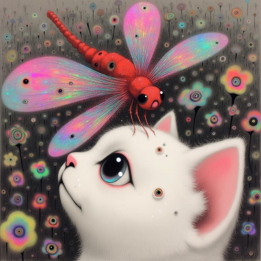 Crimson Dragonfly Amidst Fantastical Floral Tapestry