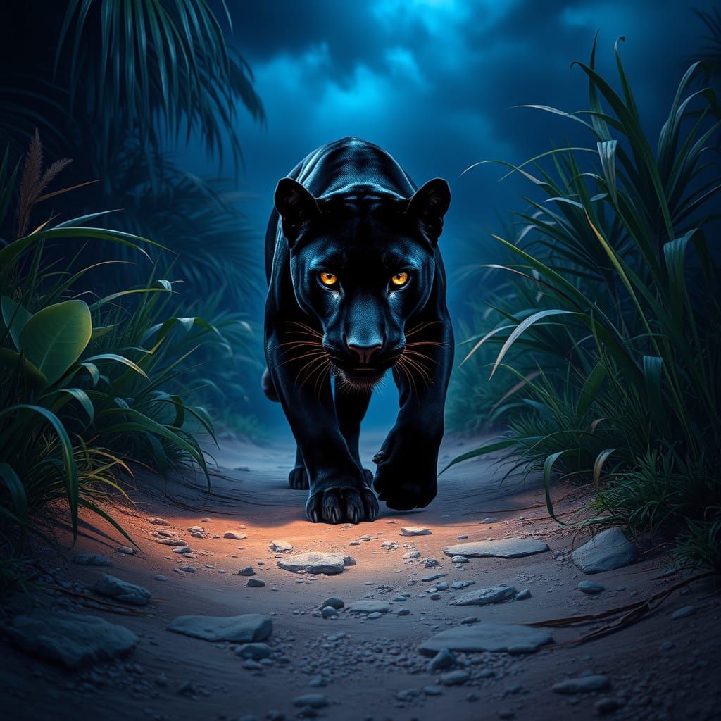 Dark Panther in a Stormy Jungle Landscape