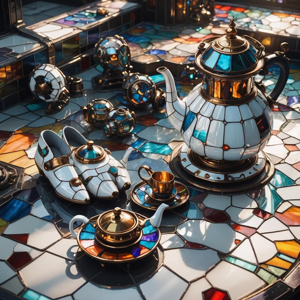 Sci-Fi Teapot and Slippers on Stained Glass