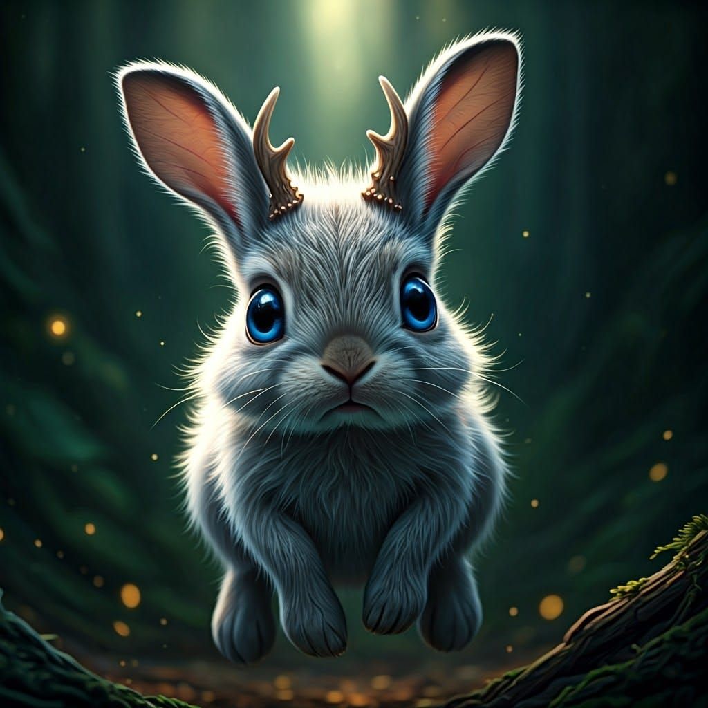 Adorable Baby Jackalope Leaping in Magical Forest