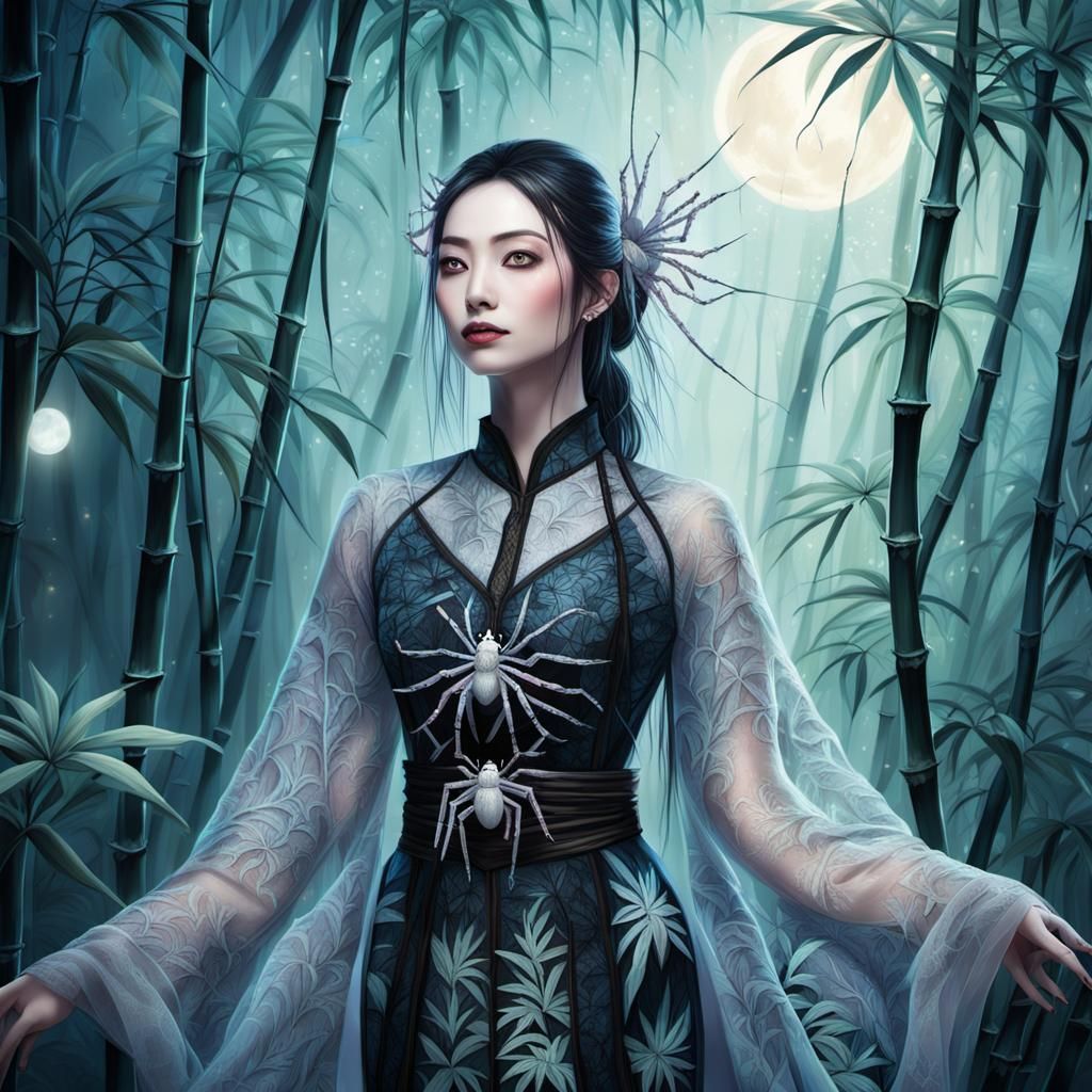 Spider-Woman in Mystical Bamboo Forest: Digital Art