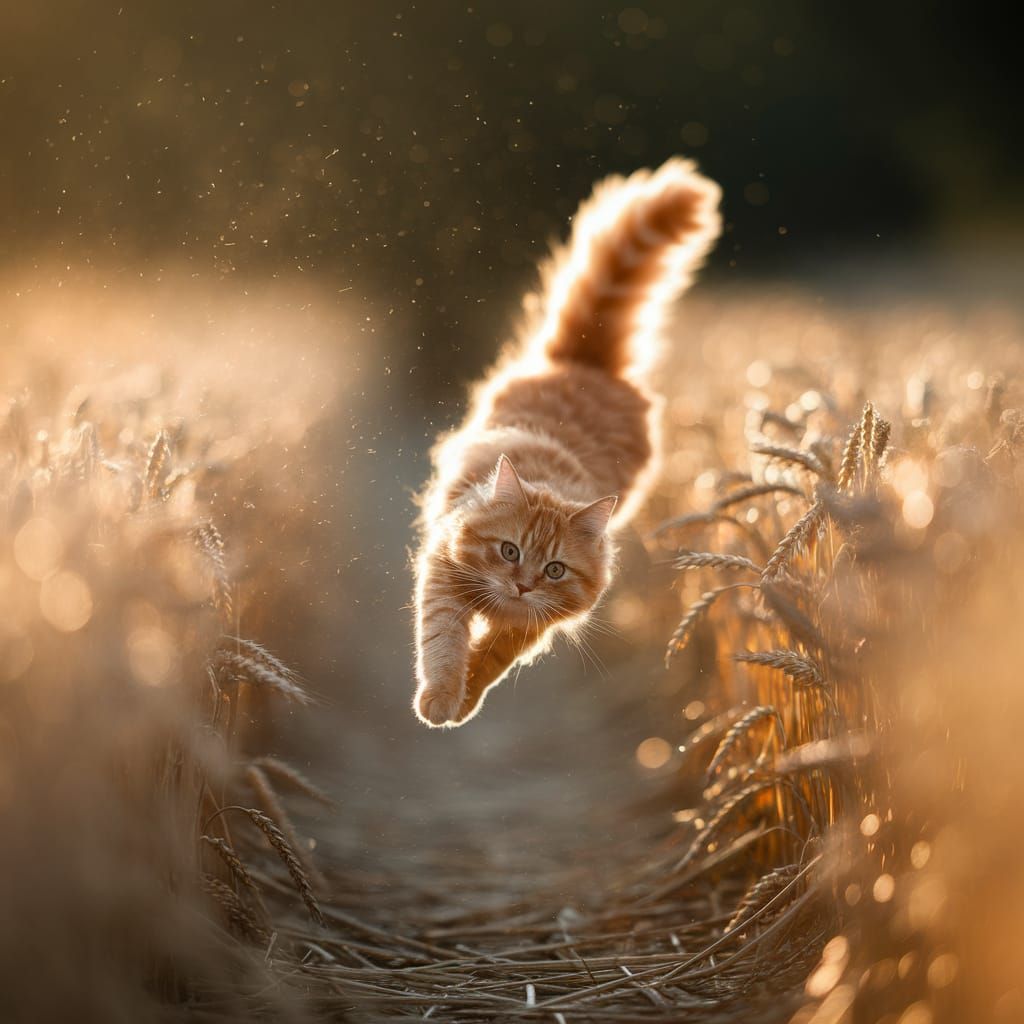 GoPro Cat Falling in Sunlit Wheat Field