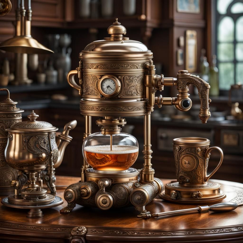 Steampunk Cafetière: Victorian Kitchen in Hyperrealism