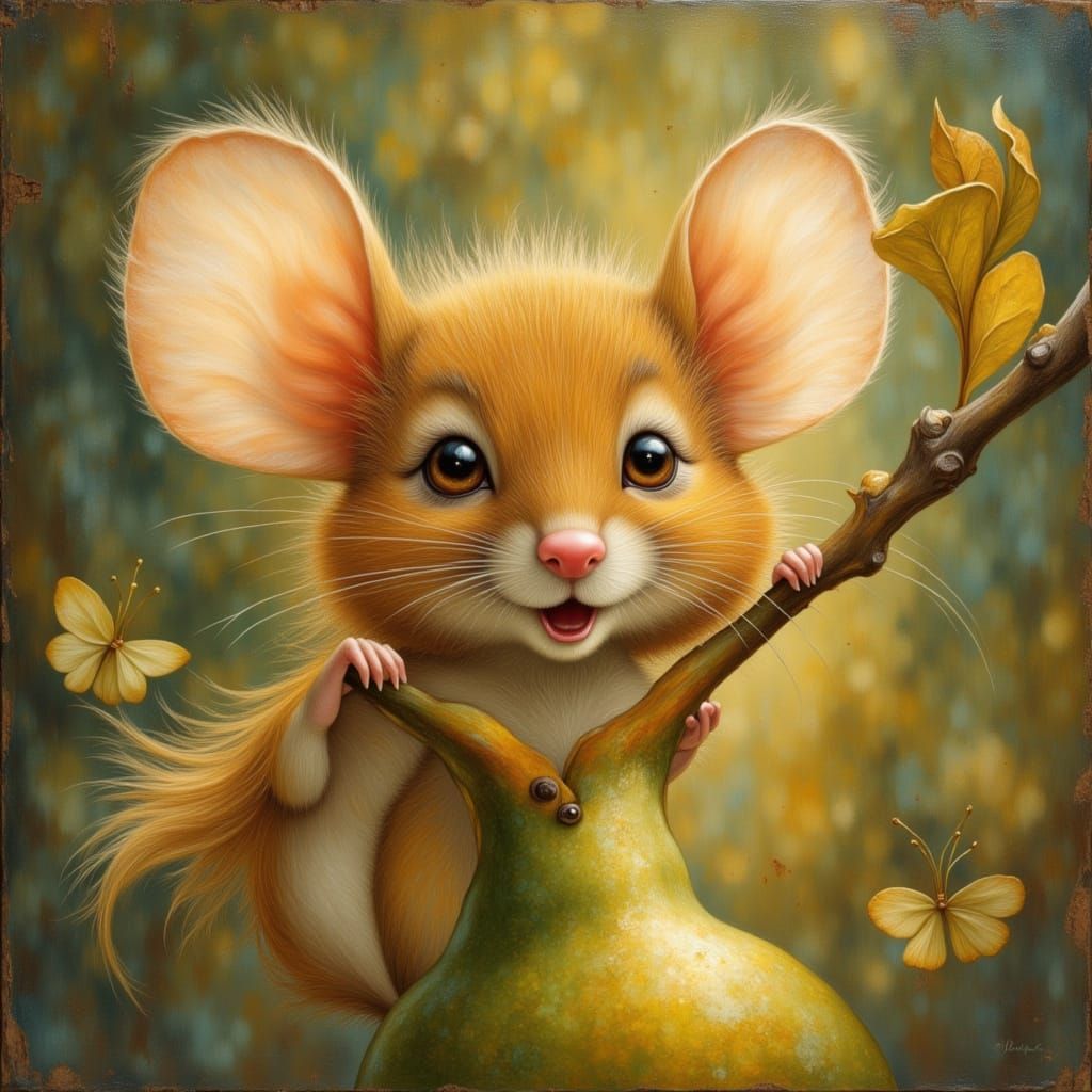 Cute Mouse Peeking From Pear in Golden Hour Light