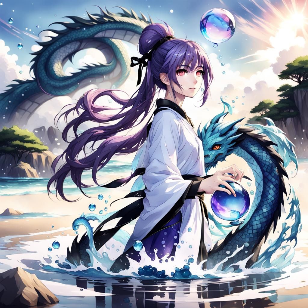 Anime Girl Waterbending with Dragon in Hyperrealistic Style