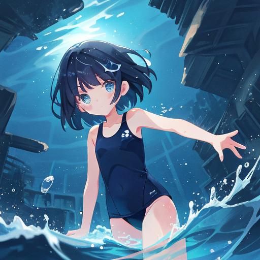 Girl Swimming with Gems in a Night Scene