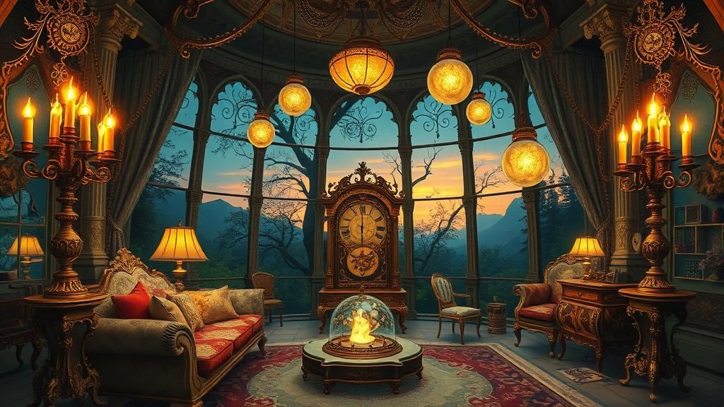 Steampunk Inventor in Mystical Nursery, Gouache Painting