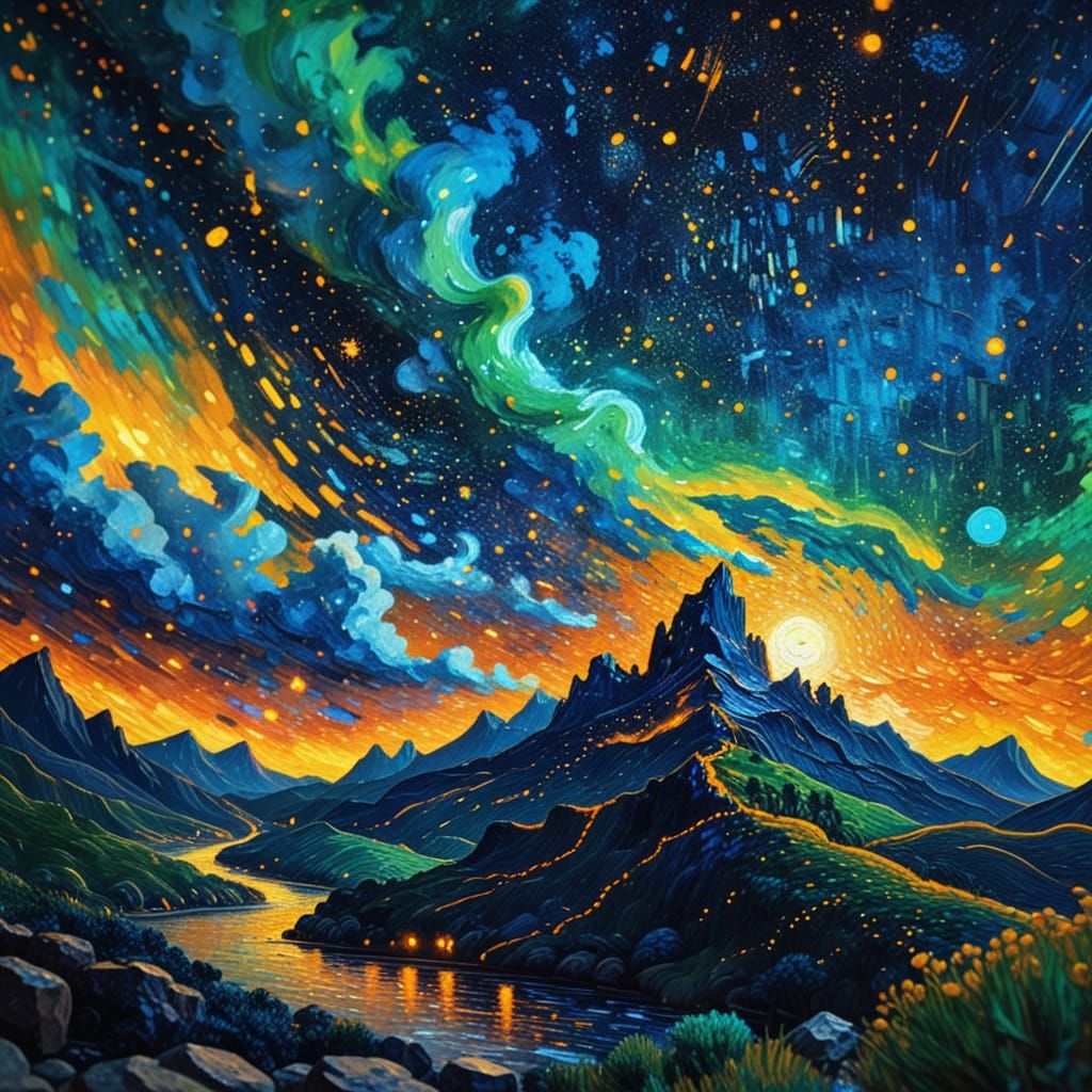 Starry Night Scene Behind Broken Wall, Neo-Impressionist Sty...