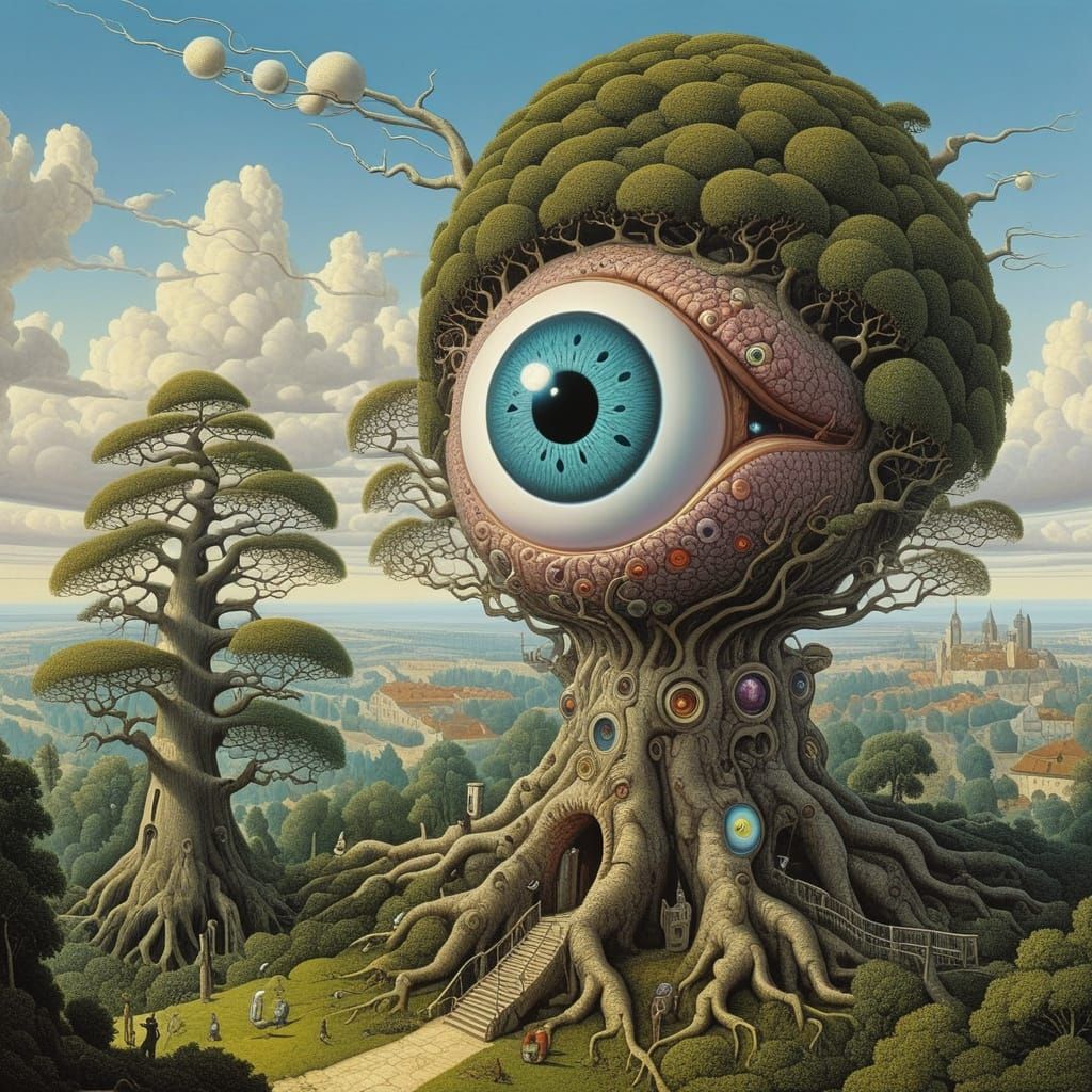 Surreal Eyeball Tree with Whimsical Plants