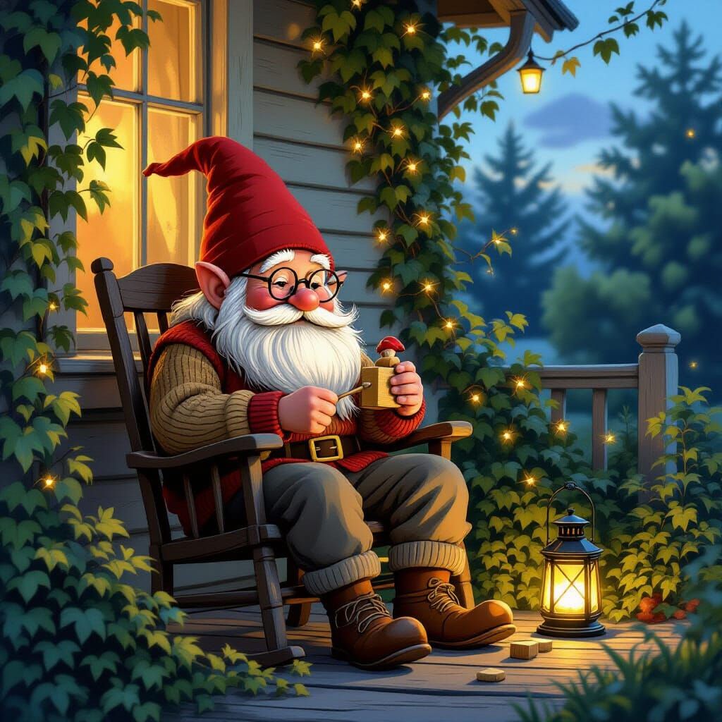 Whimsical Gnome Whittling at Dusk, Storybook Illustration
