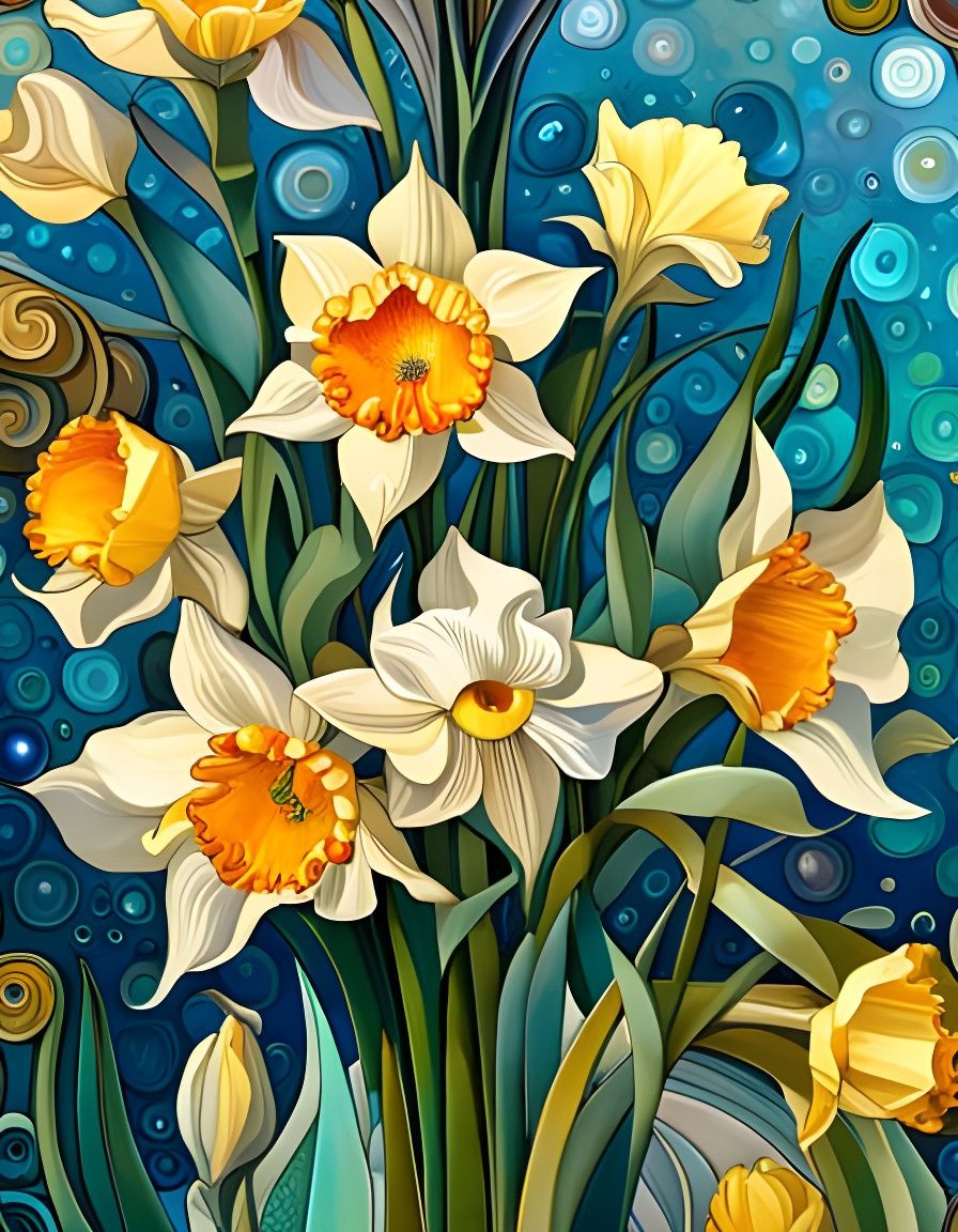 Iridescent Daffodils in Flowing Glass Painting Style