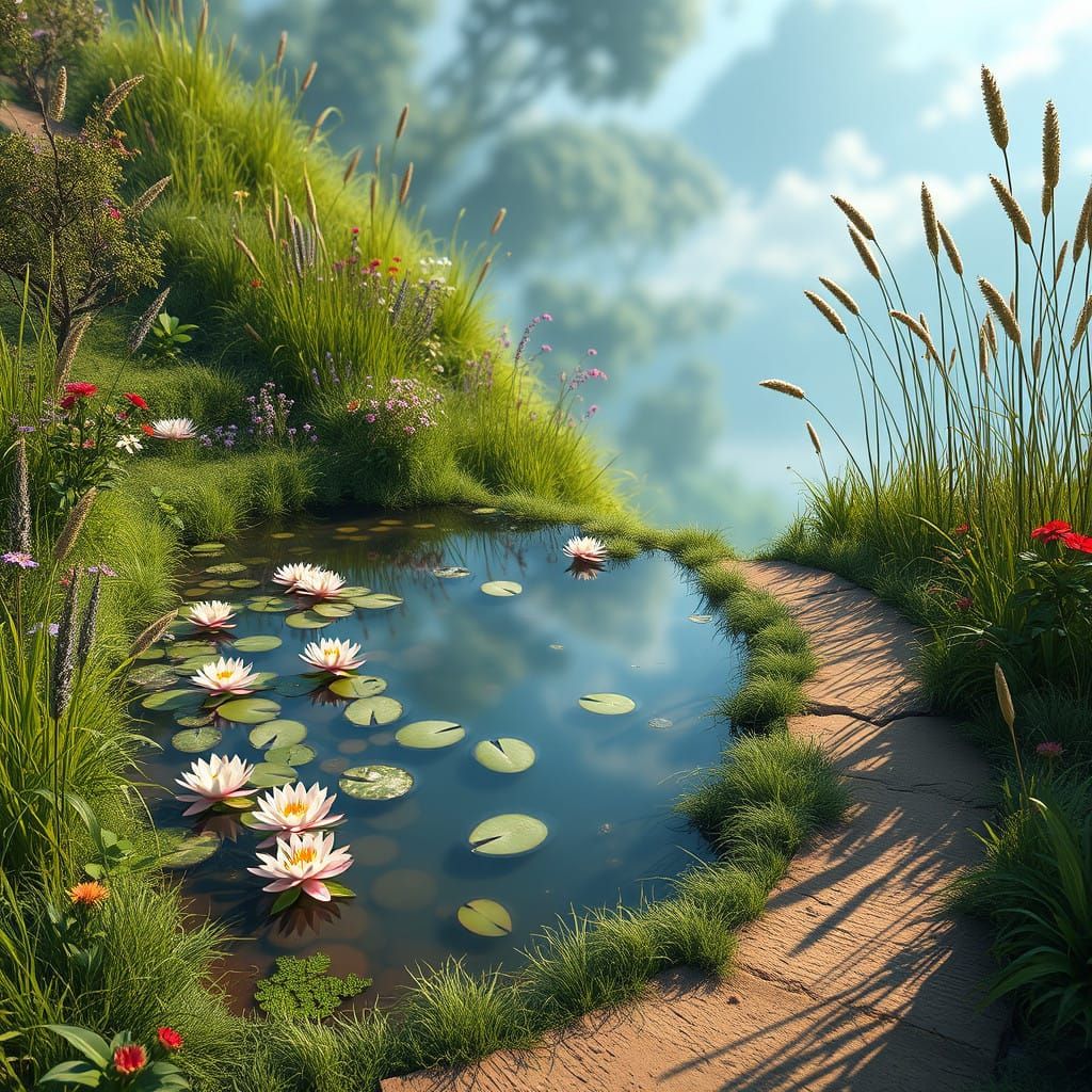 Dreamlike PondScene in Vibrant Color Palette