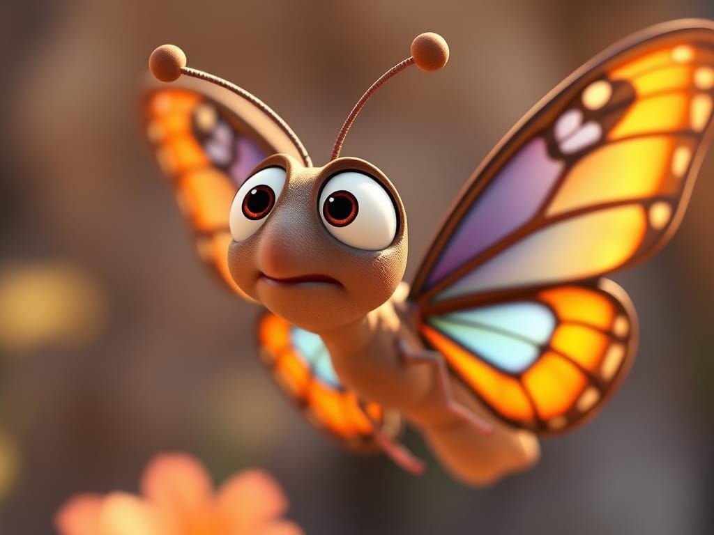 Confused Butterfly in Cartoon CGI Style